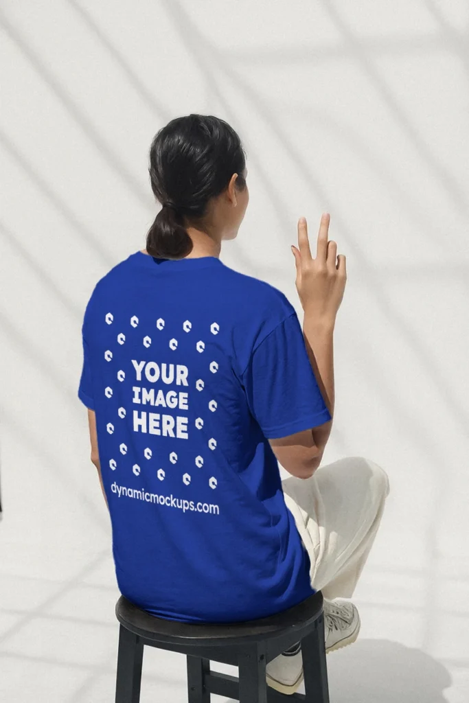 Woman Wearing Dark Blue T-shirt Mockup Back View Template