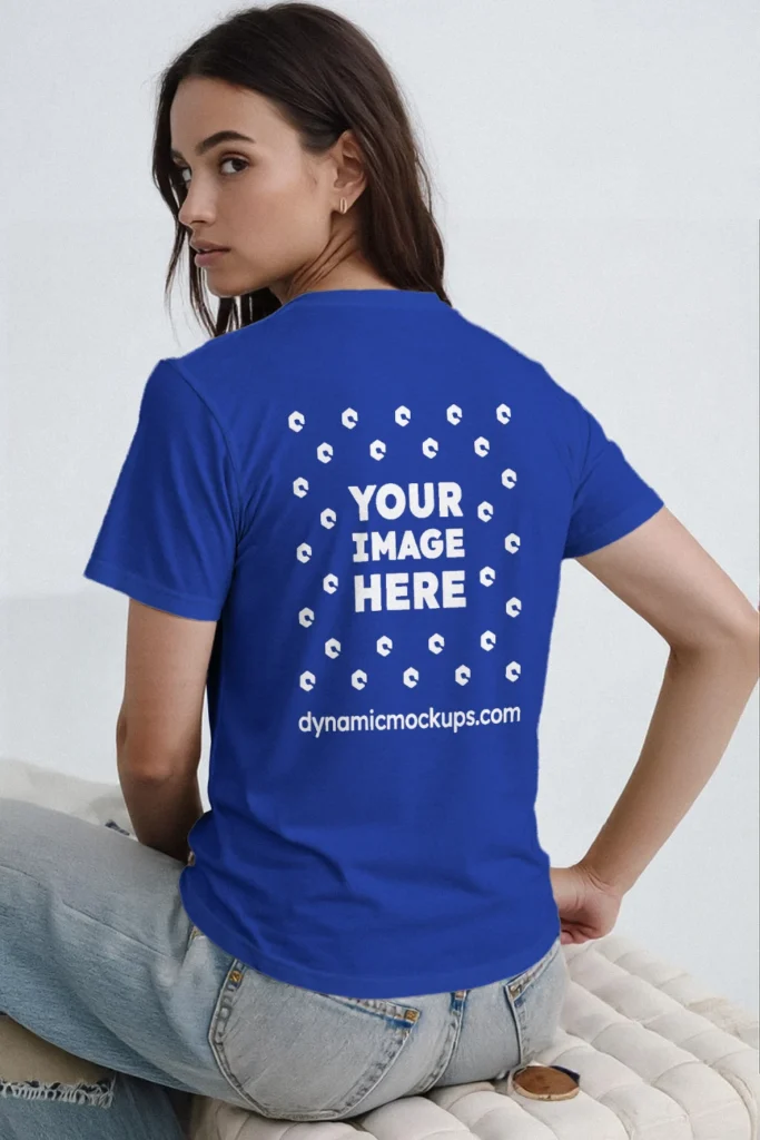 Woman Wearing Dark Blue T-shirt Mockup Back View Template