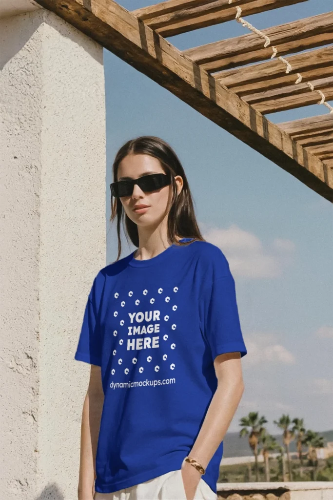 Woman Wearing Dark Blue T-shirt Mockup Front View Template