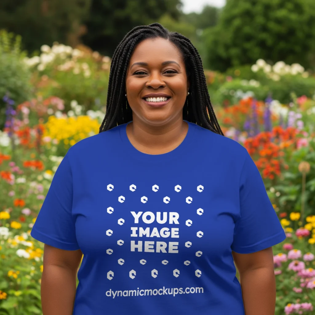 Woman Wearing Dark Blue T-shirt Mockup Front View Template