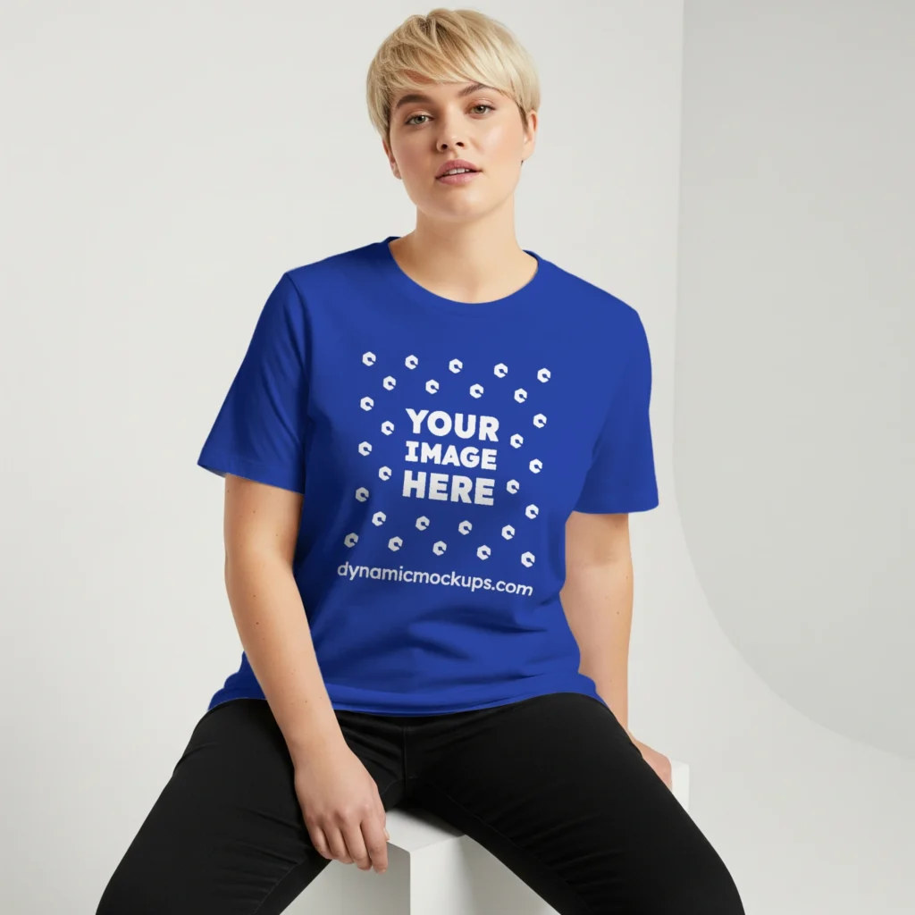 Woman Wearing Dark Blue T-shirt Mockup Front View Template