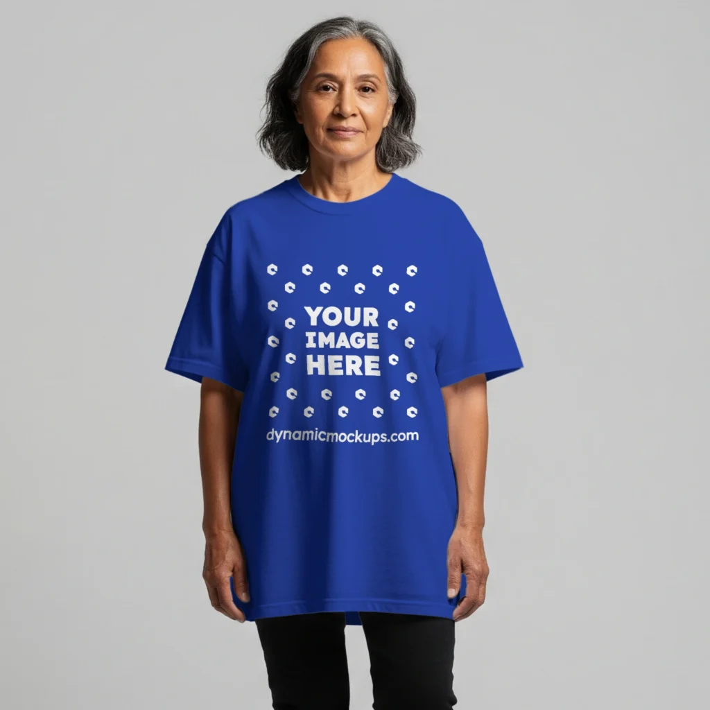 Woman Wearing Dark Blue T-shirt Mockup Front View Template