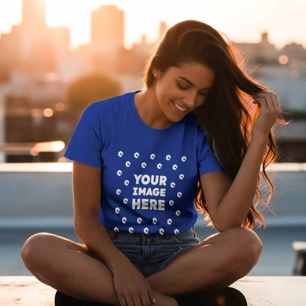 Woman Wearing Dark Blue T-shirt Mockup Front View Template