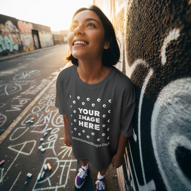 Woman Wearing Dark Gray T-shirt Mockup Front View Template