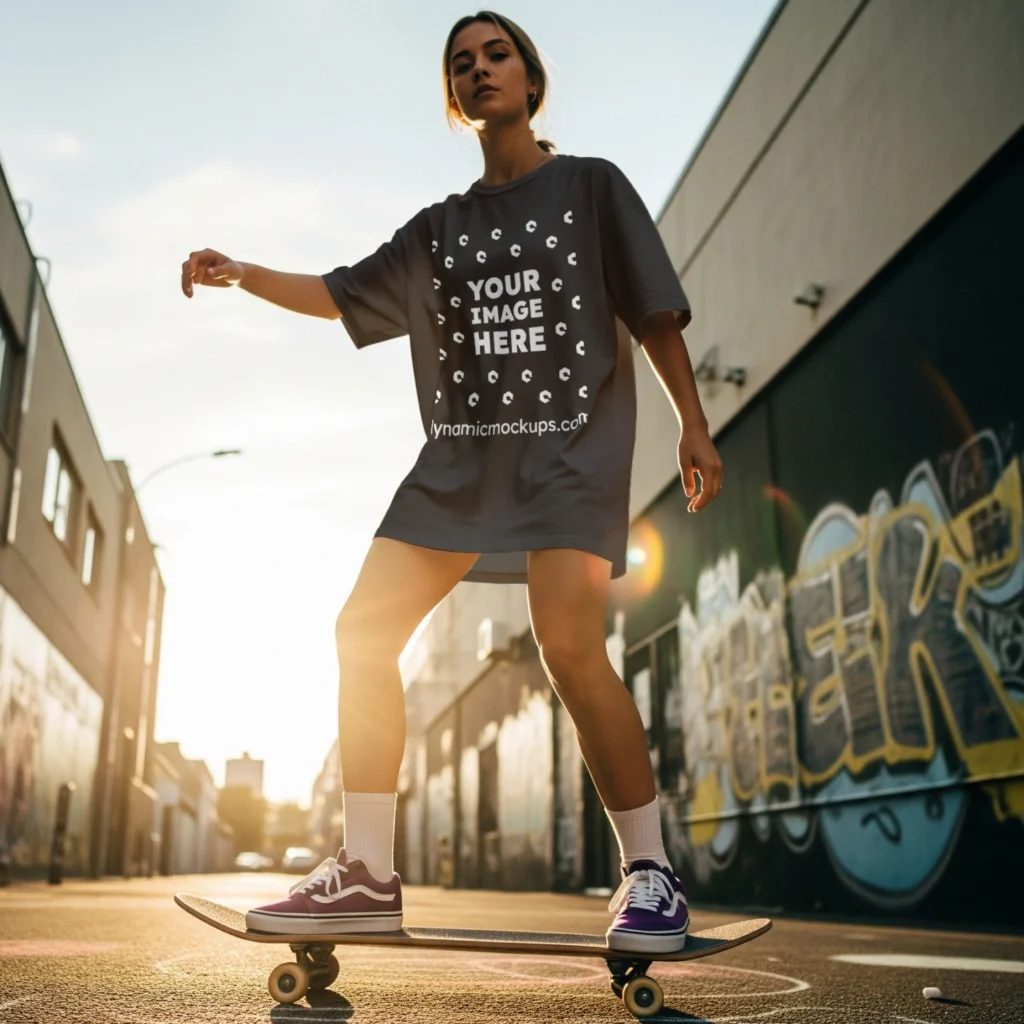 Woman Wearing Dark Gray T-shirt Mockup Front View Template