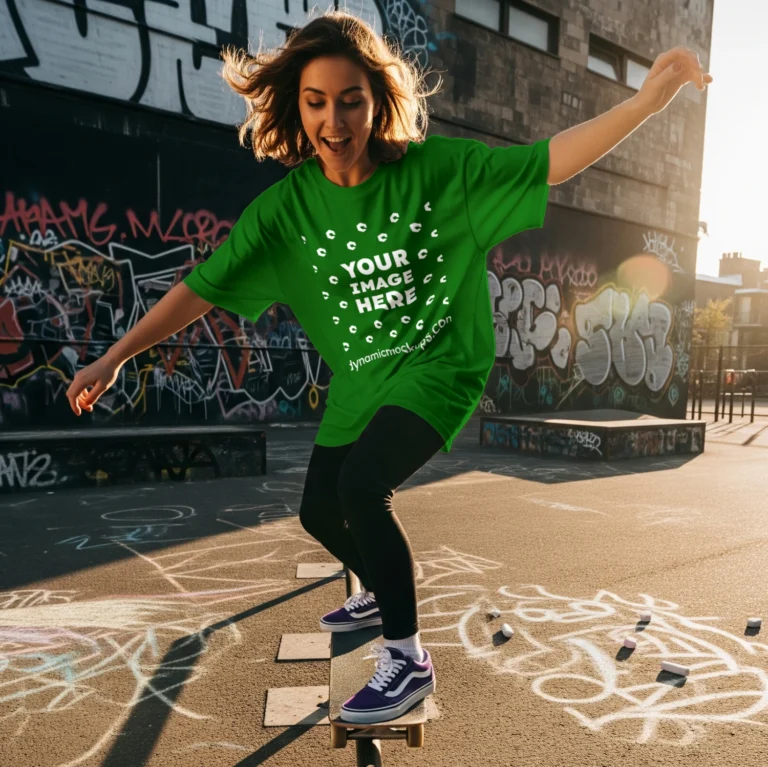 Woman Wearing Green T-shirt Mockup Front View Template