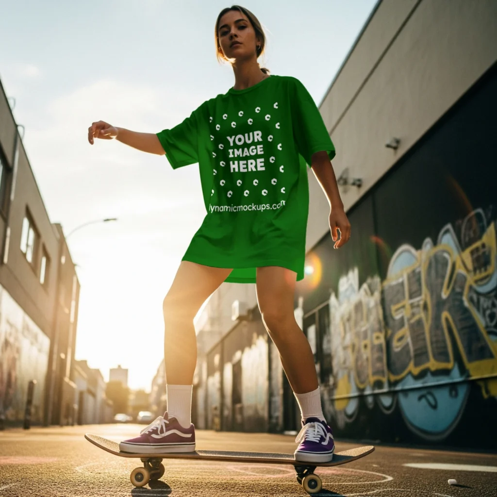 Woman Wearing Green T-shirt Mockup Front View Template