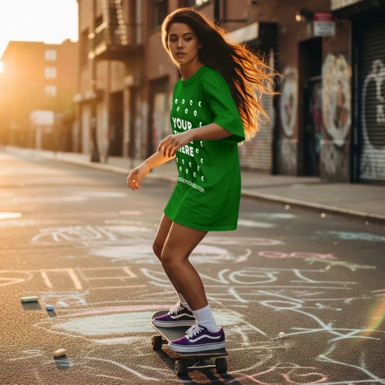 Woman Wearing Green T-shirt Mockup Side View Template