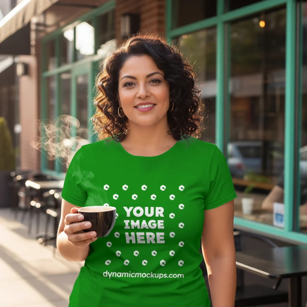 Woman Wearing Green T-shirt Mockup Front View Template