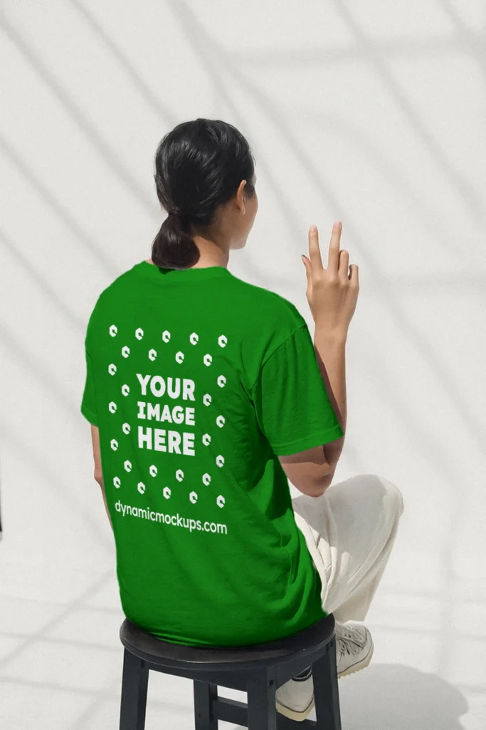 Woman Wearing Green T-shirt Mockup Back View Template