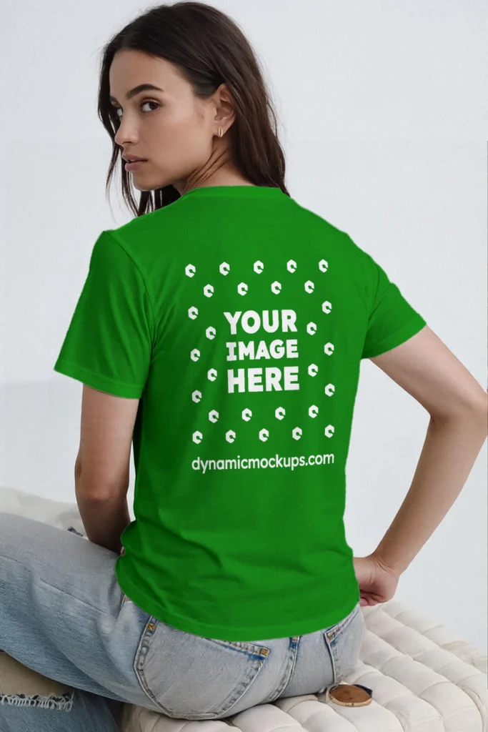 Woman Wearing Green T-shirt Mockup Back View Template