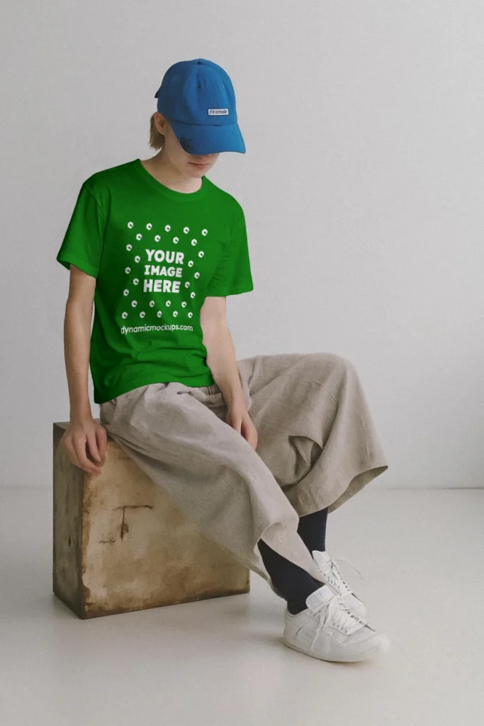 Woman Wearing Green T-shirt Mockup Front View Template