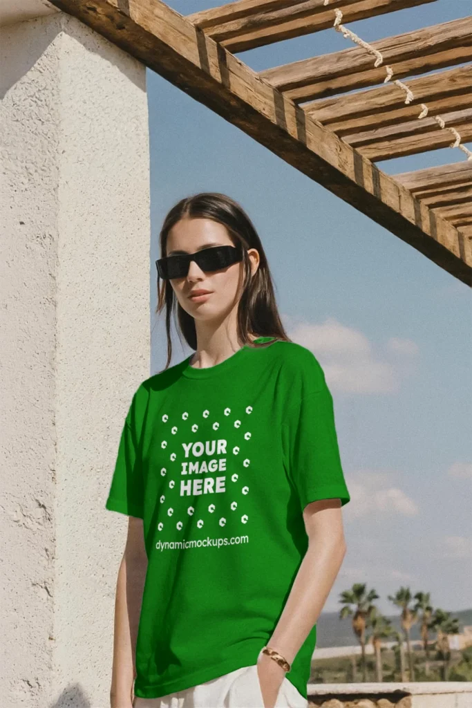 Woman Wearing Green T-shirt Mockup Front View Template