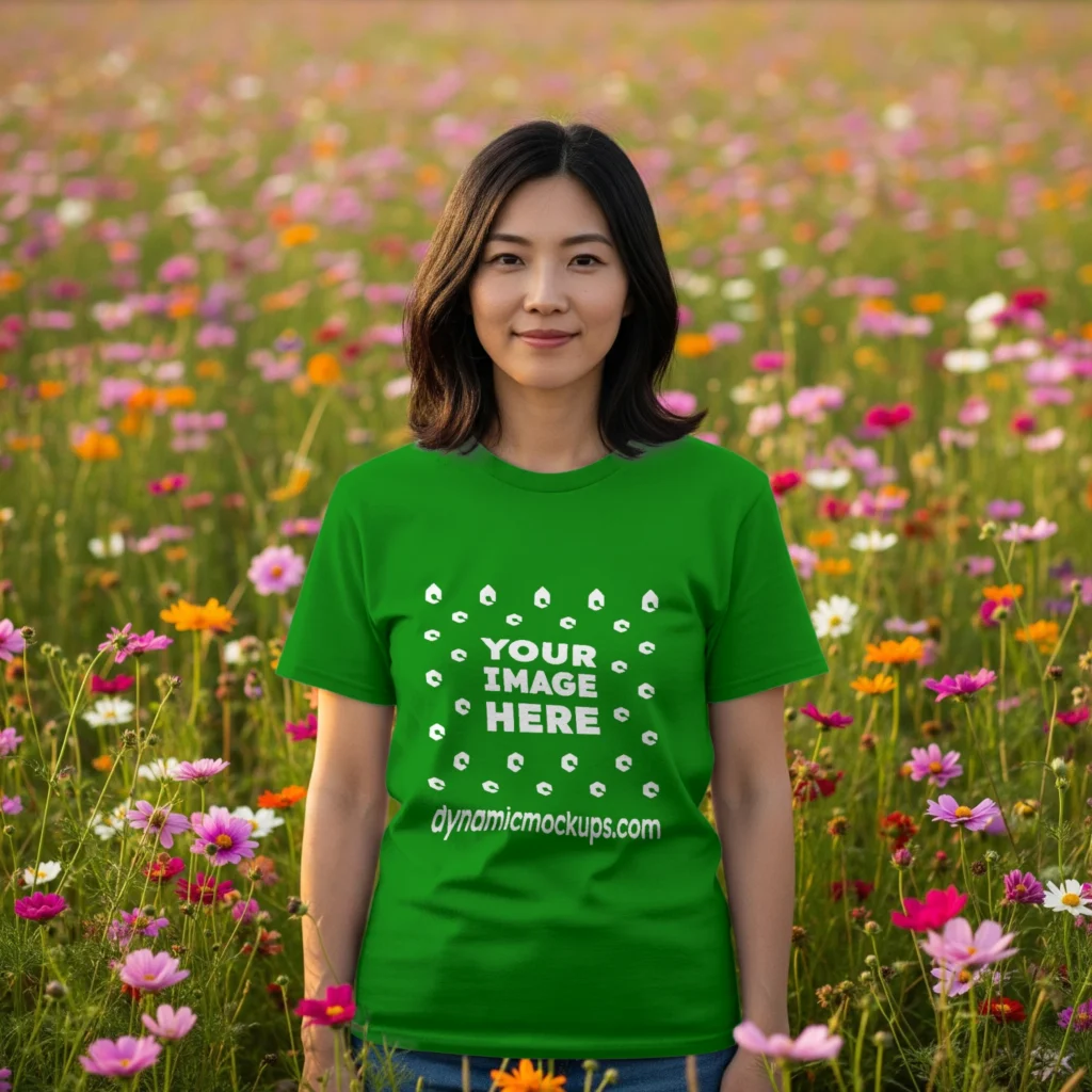 Woman Wearing Green T-shirt Mockup Front View Template