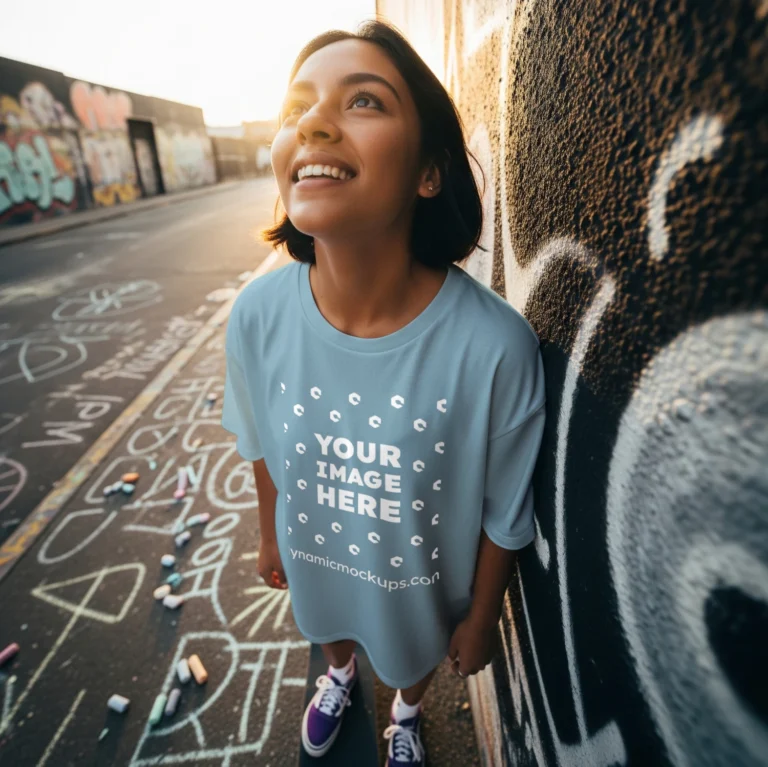 Woman Wearing Light Blue T-shirt Mockup Front View Template