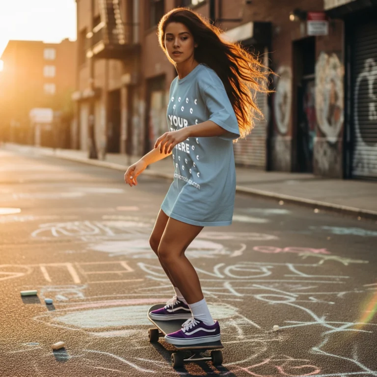 Woman Wearing Light Blue T-shirt Mockup Side View Template