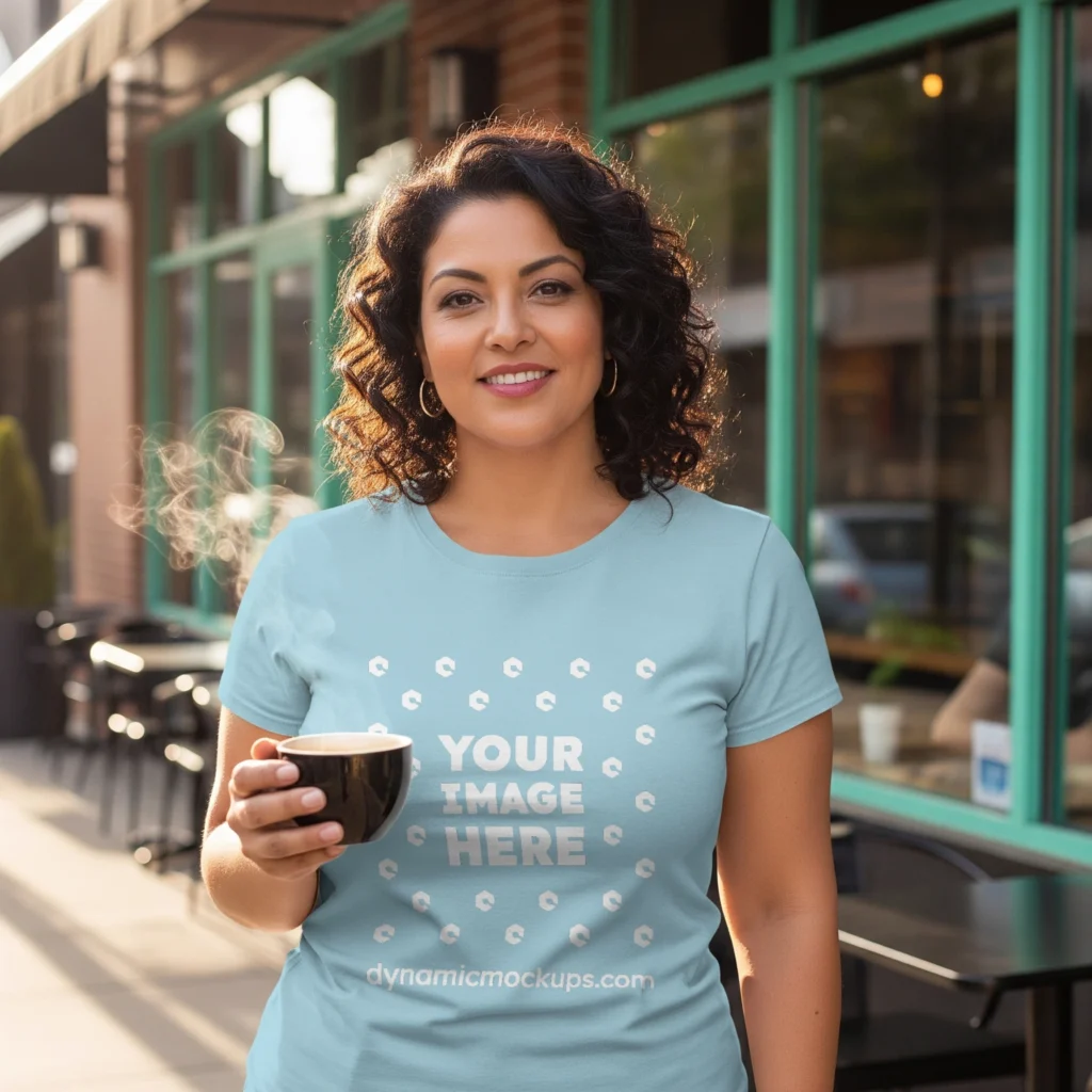 Woman Wearing Light Blue T-shirt Mockup Front View Template