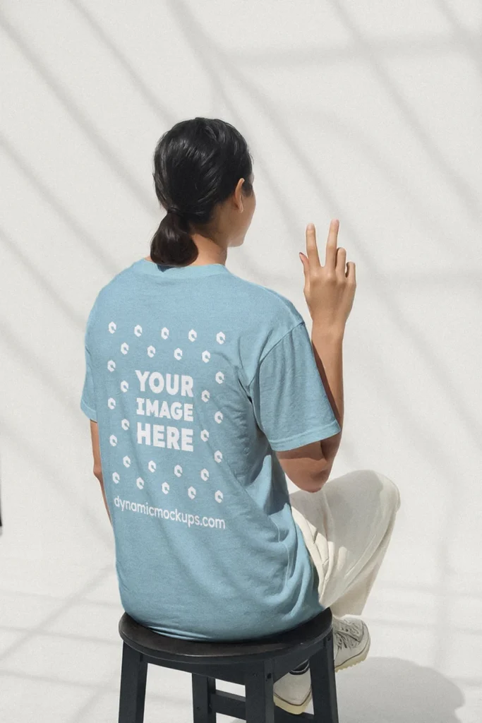 Woman Wearing Light Blue T-shirt Mockup Back View Template