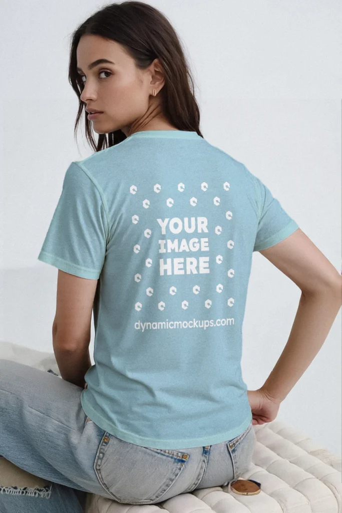 Woman Wearing Light Blue T-shirt Mockup Back View Template