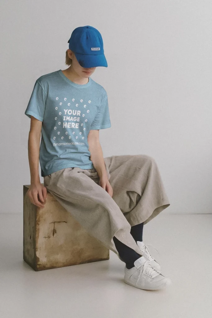 Woman Wearing Light Blue T-shirt Mockup Front View Template