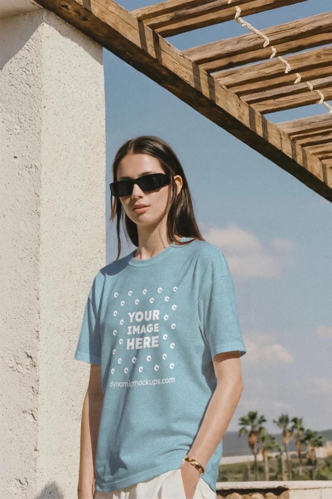 Woman Wearing Light Blue T-shirt Mockup Front View Template