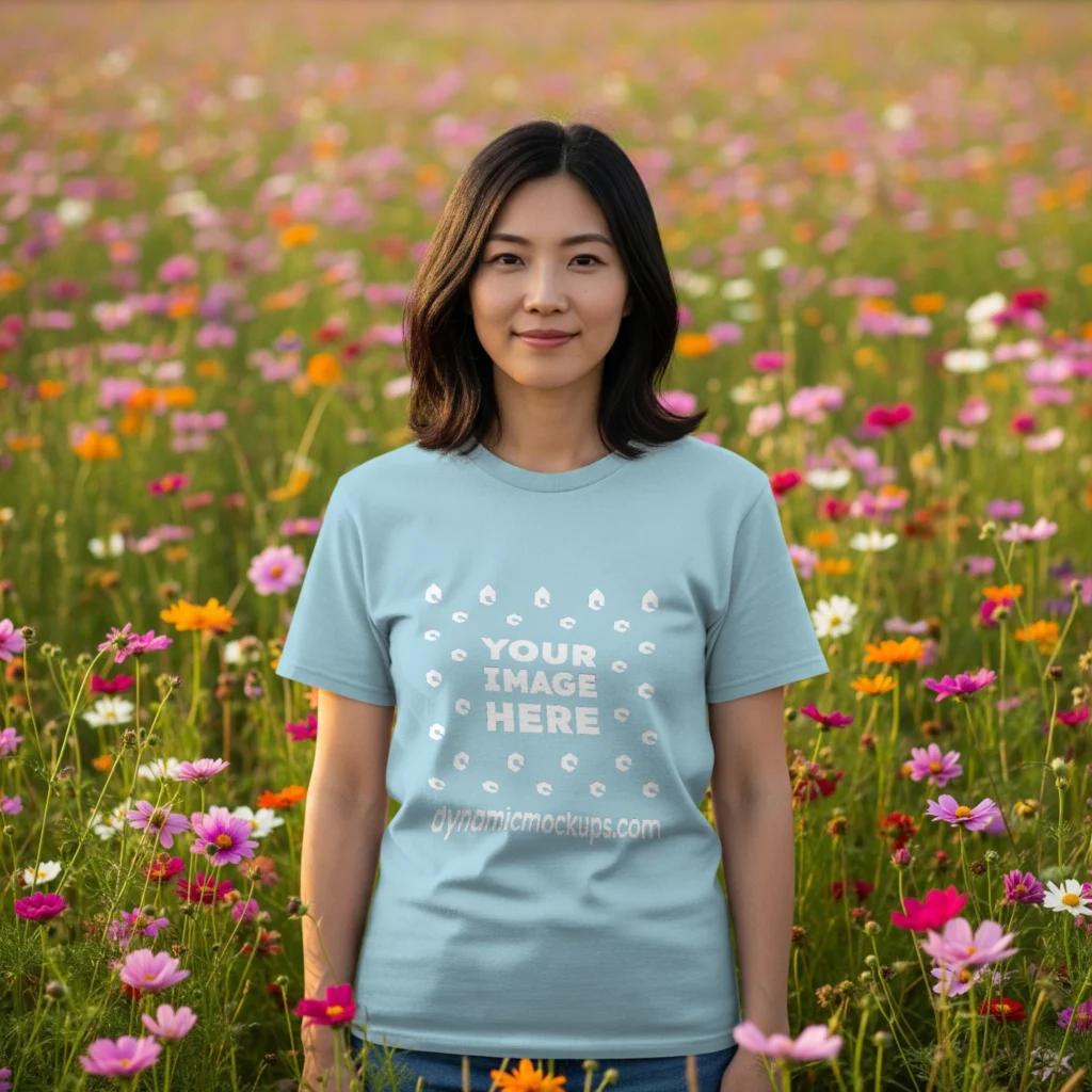 Woman Wearing Light Blue T-shirt Mockup Front View Template