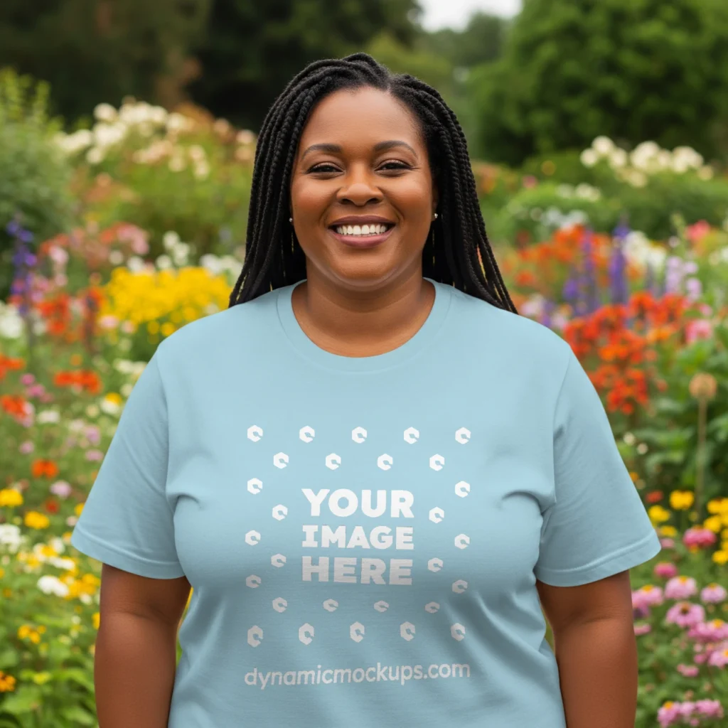 Woman Wearing Light Blue T-shirt Mockup Front View Template