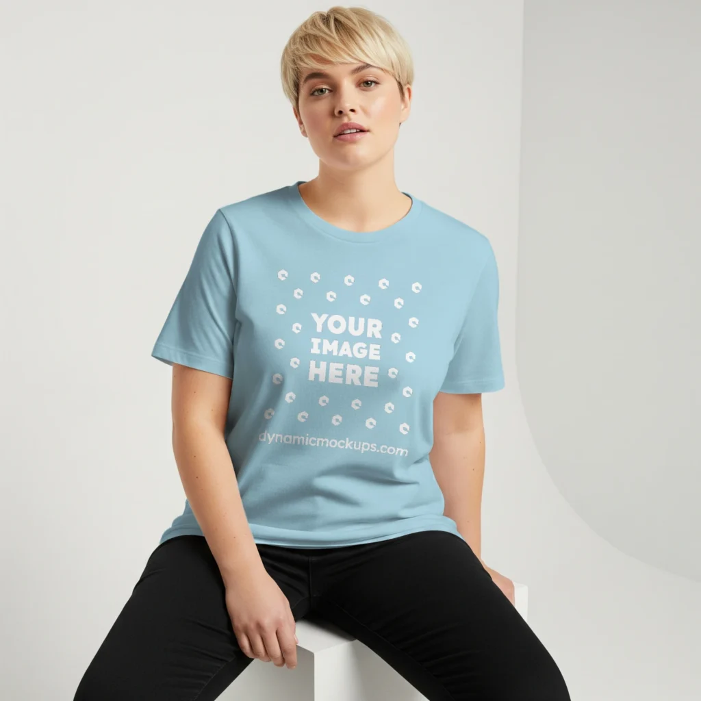 Woman Wearing Light Blue T-shirt Mockup Front View Template