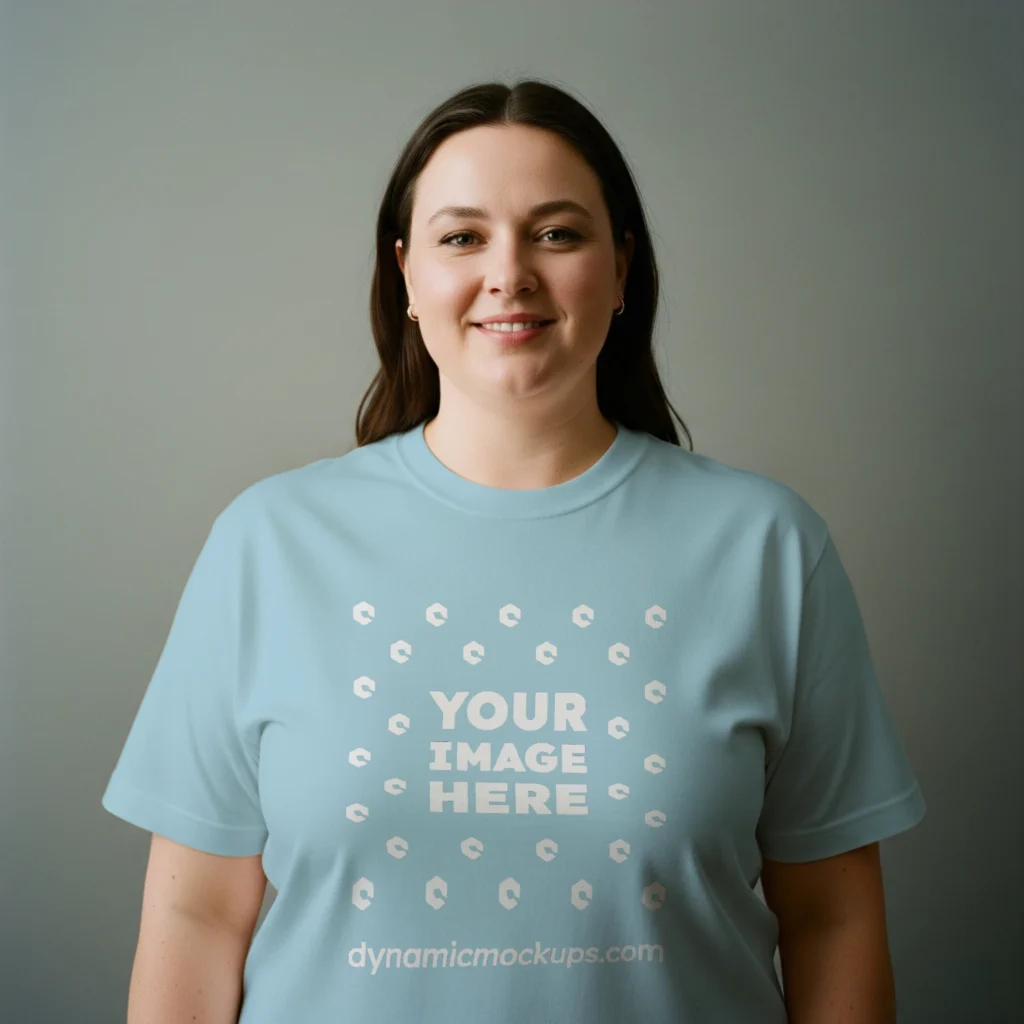 Woman Wearing Light Blue T-shirt Mockup Front View Template