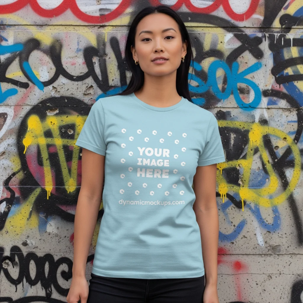 Woman Wearing Light Blue T-shirt Mockup Front View Template