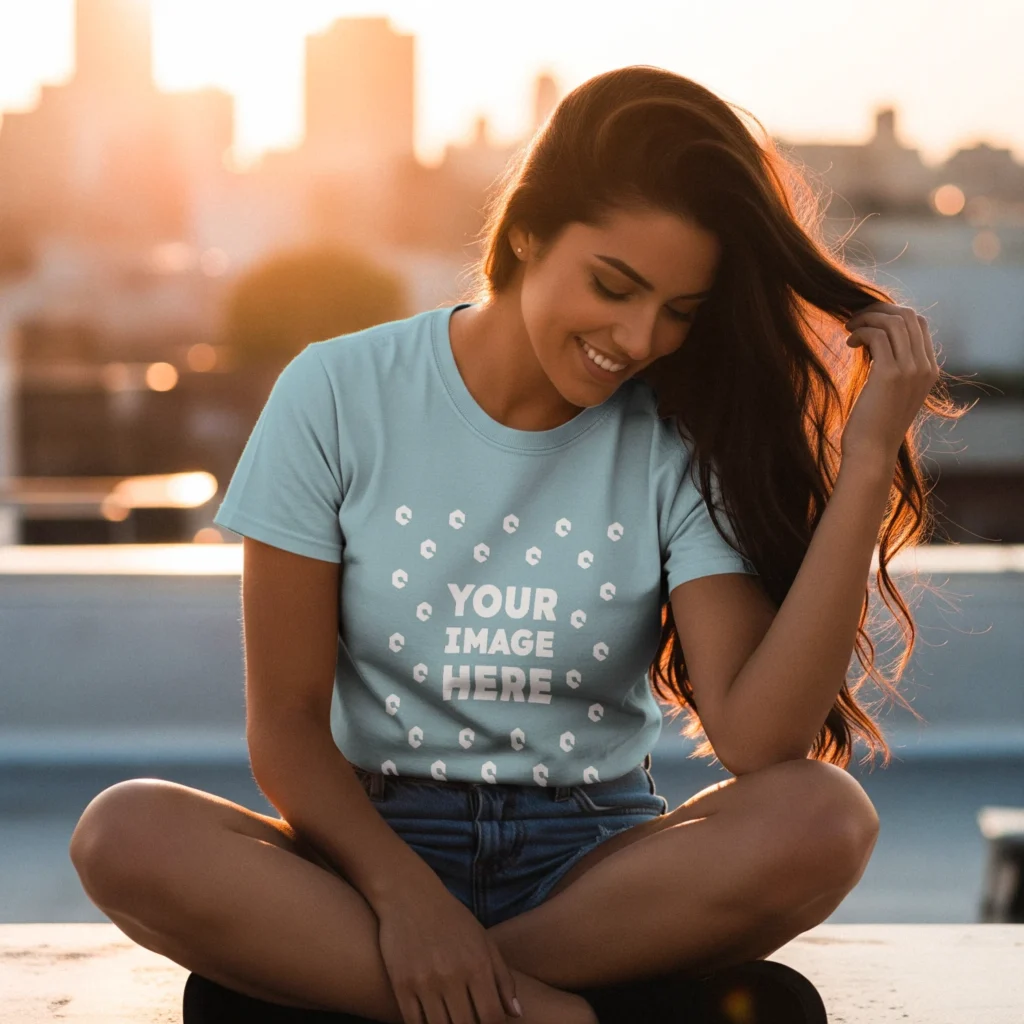 Woman Wearing Light Blue T-shirt Mockup Front View Template
