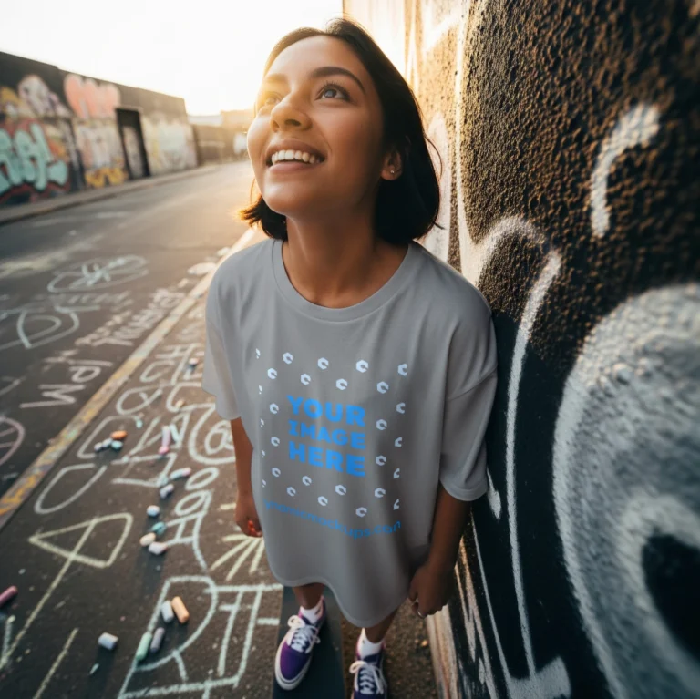 Woman Wearing Light Gray T-shirt Mockup Front View Template