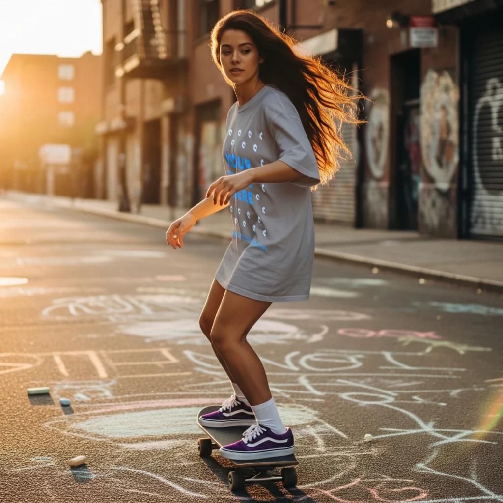Woman Wearing Light Gray T-shirt Mockup Side View Template