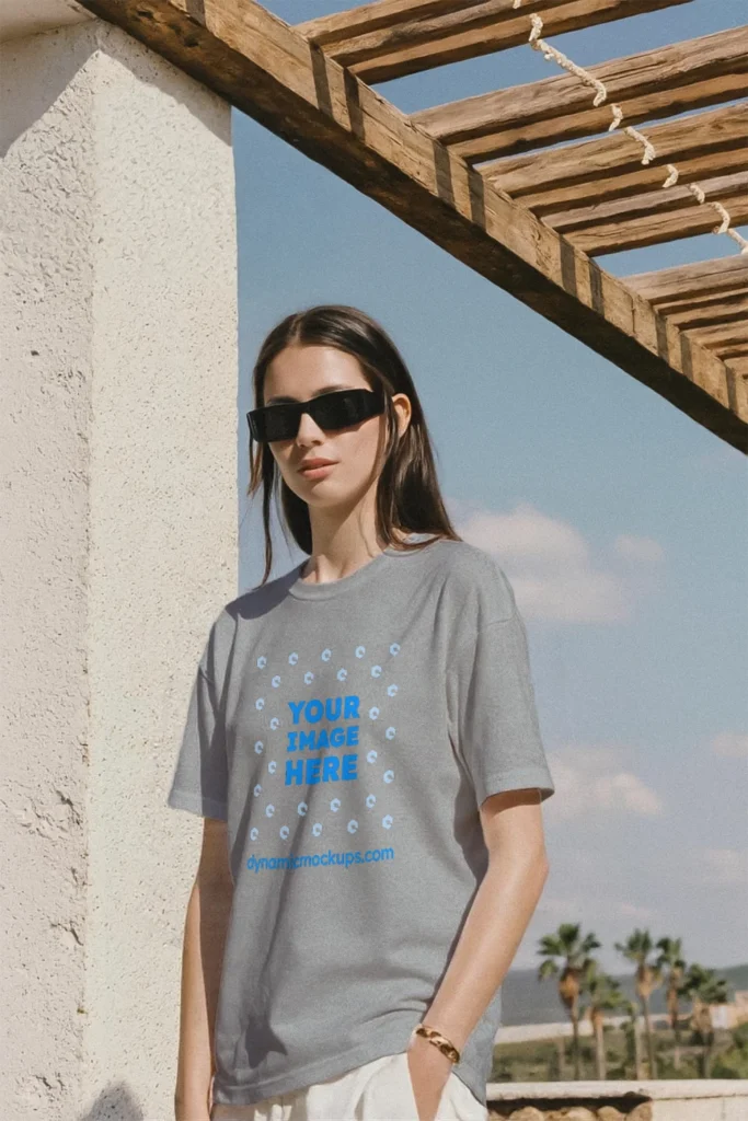 Woman Wearing Light Gray T-shirt Mockup Front View Template