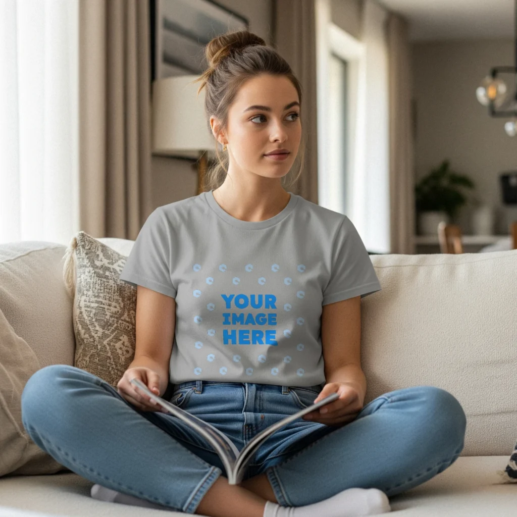 Woman Wearing Light Gray T-shirt Mockup Front View Template