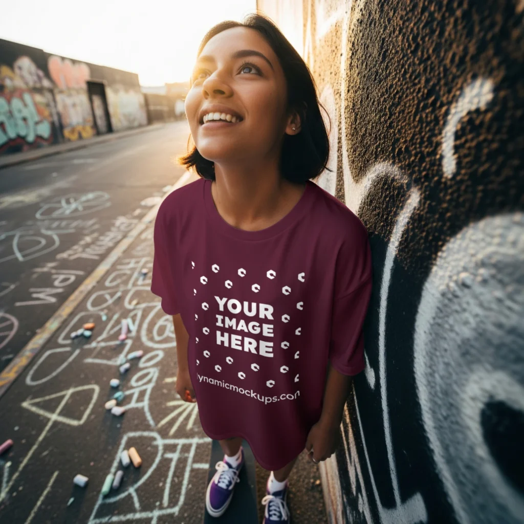 Woman Wearing Maroon T-shirt Mockup Front View Template