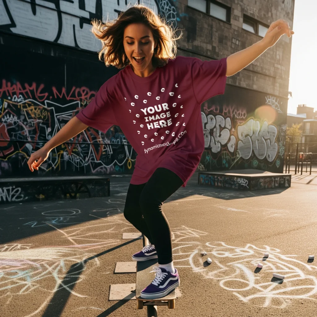 Woman Wearing Maroon T-shirt Mockup Front View Template