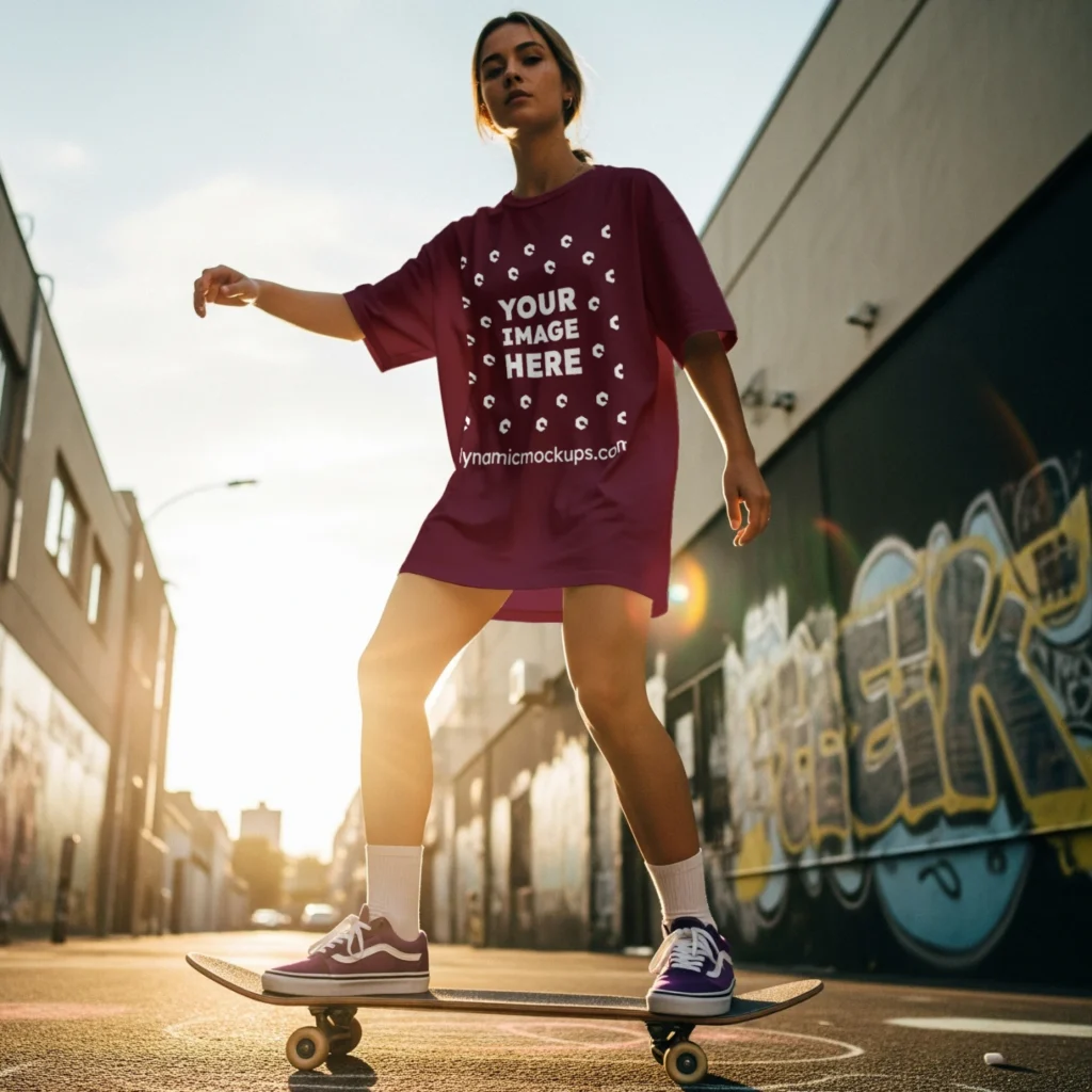 Woman Wearing Maroon T-shirt Mockup Front View Template