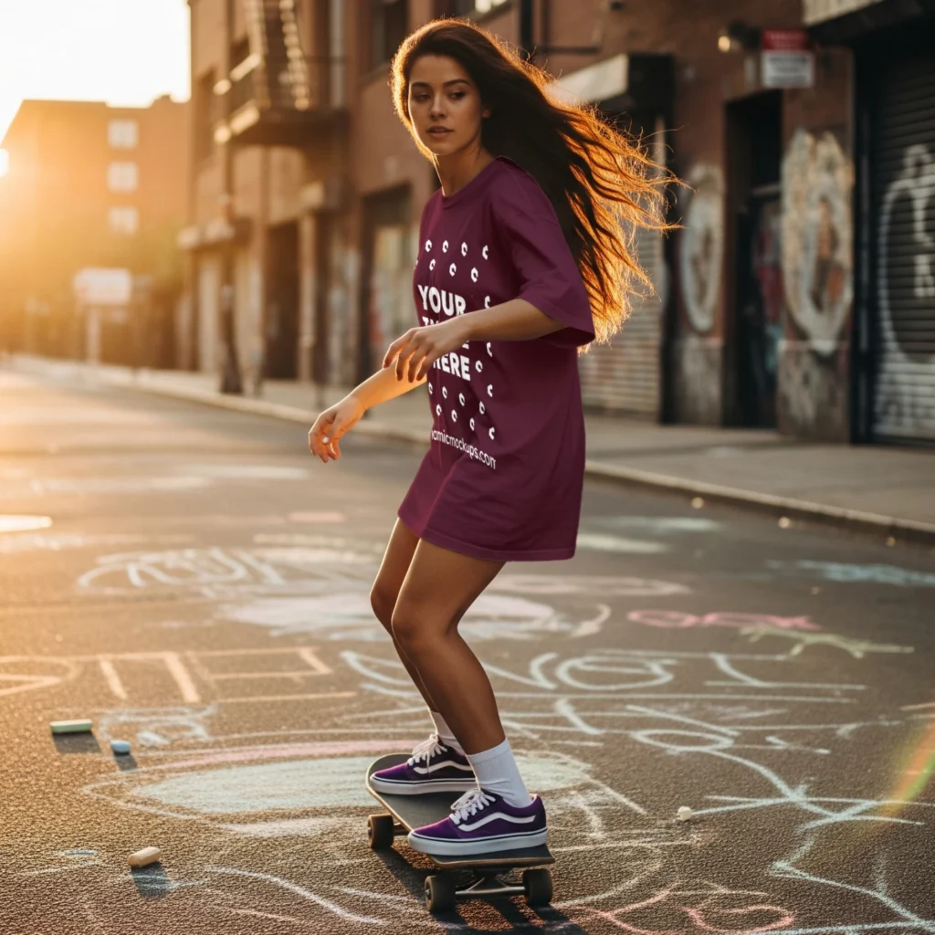 Woman Wearing Maroon T-shirt Mockup Side View Template