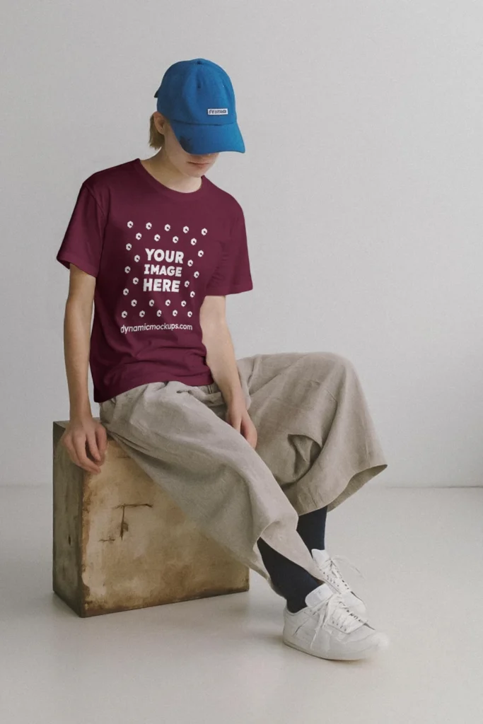 Woman Wearing Maroon T-shirt Mockup Front View Template