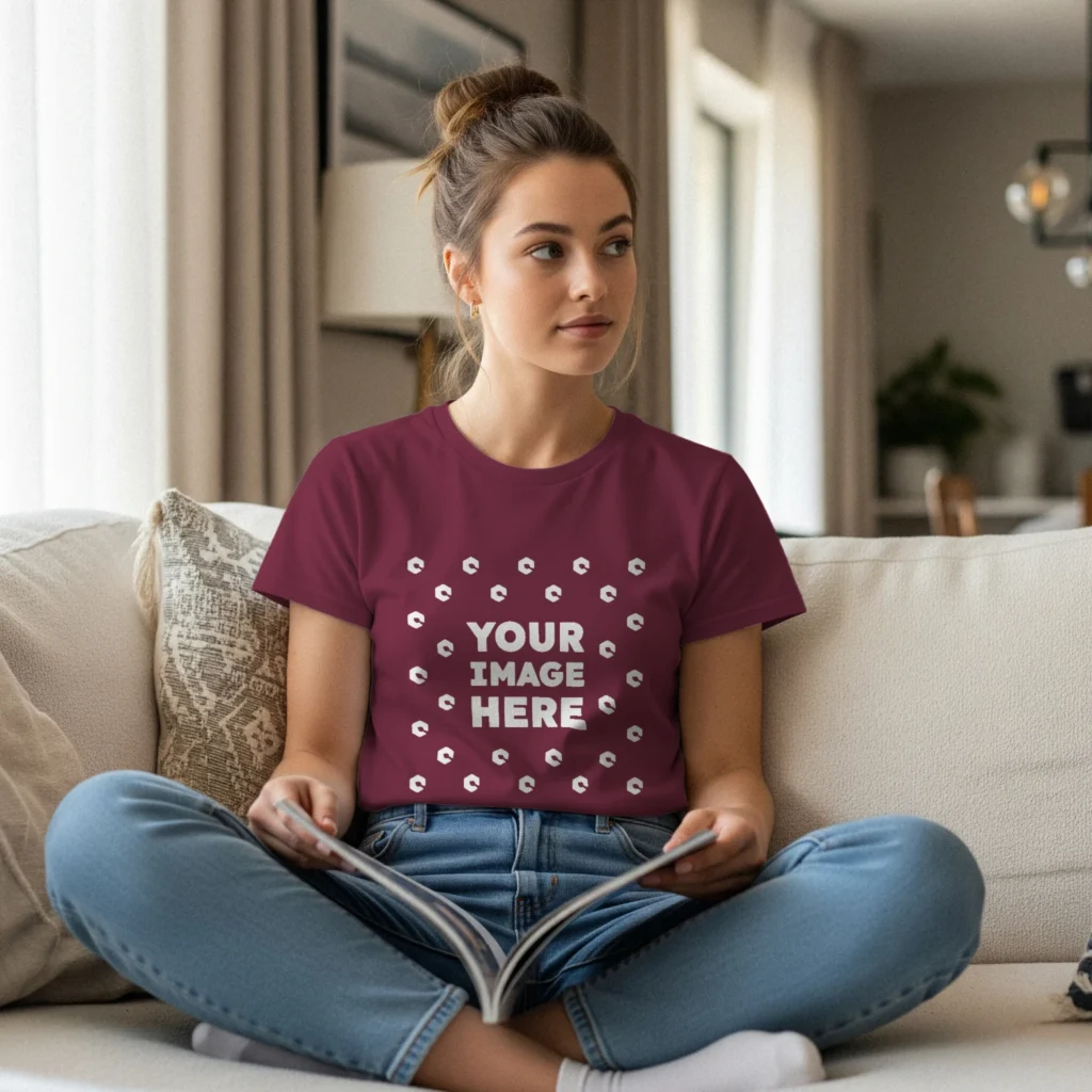 Woman Wearing Maroon T-shirt Mockup Front View Template