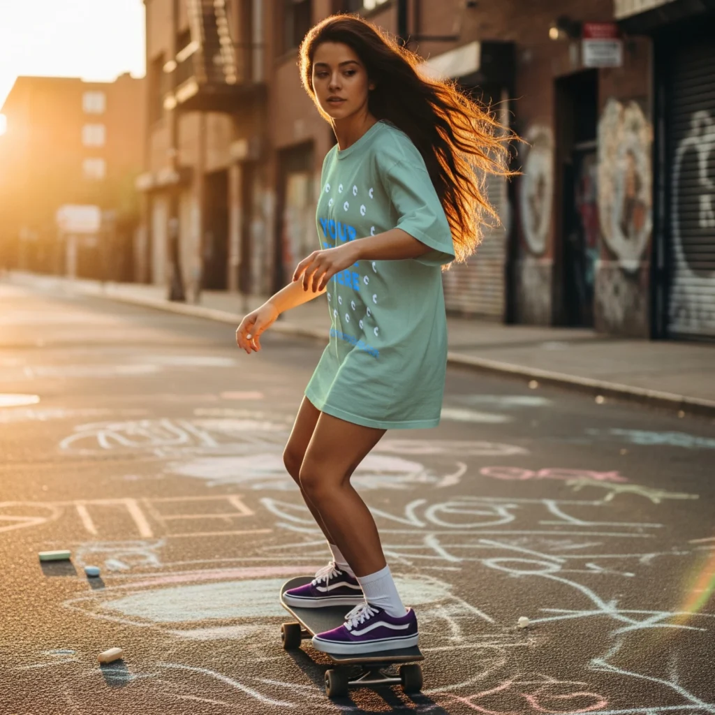 Woman Wearing Mint T-shirt Mockup Side View Template