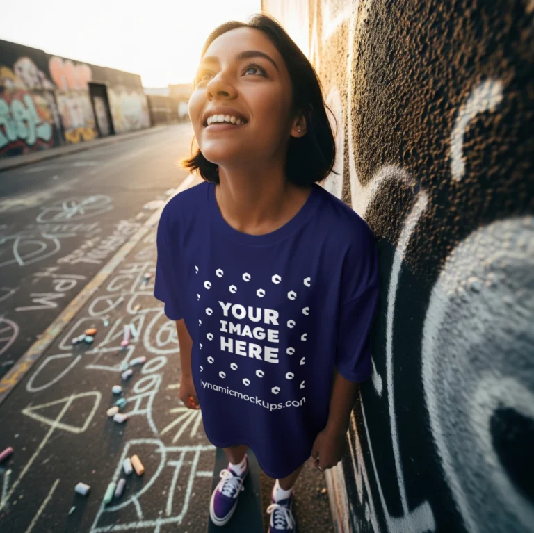 Woman Wearing Navy Blue T-shirt Mockup Front View Template