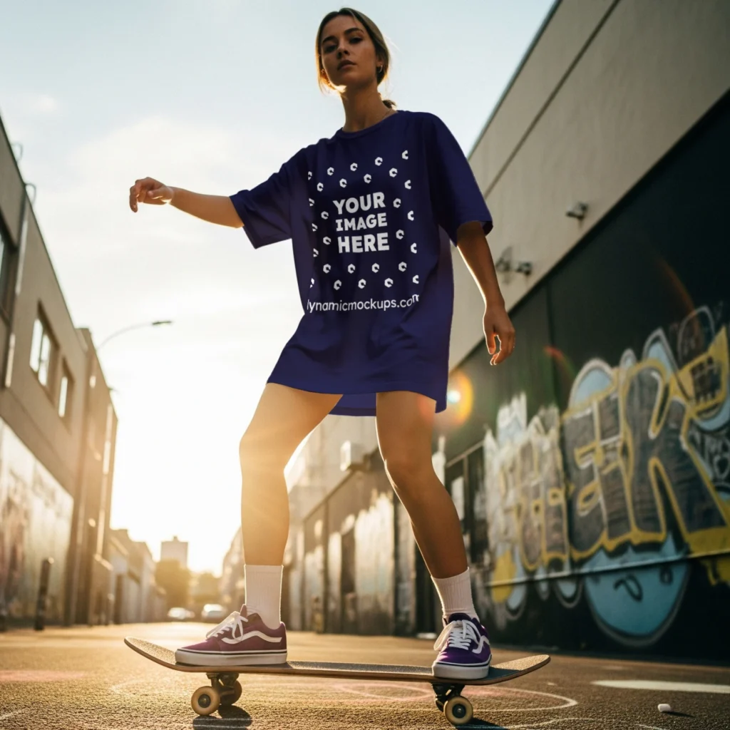 Woman Wearing Navy Blue T-shirt Mockup Front View Template