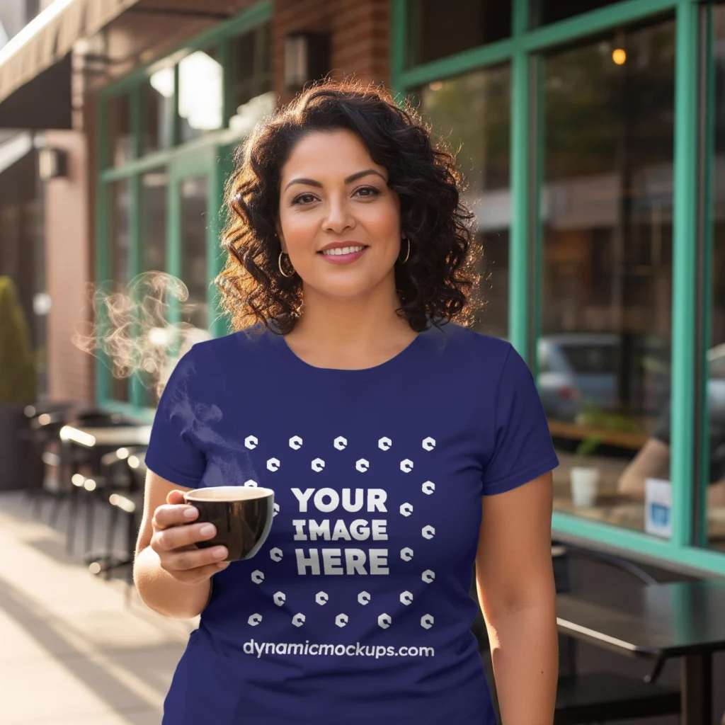 Woman Wearing Navy Blue T-shirt Mockup Front View Template