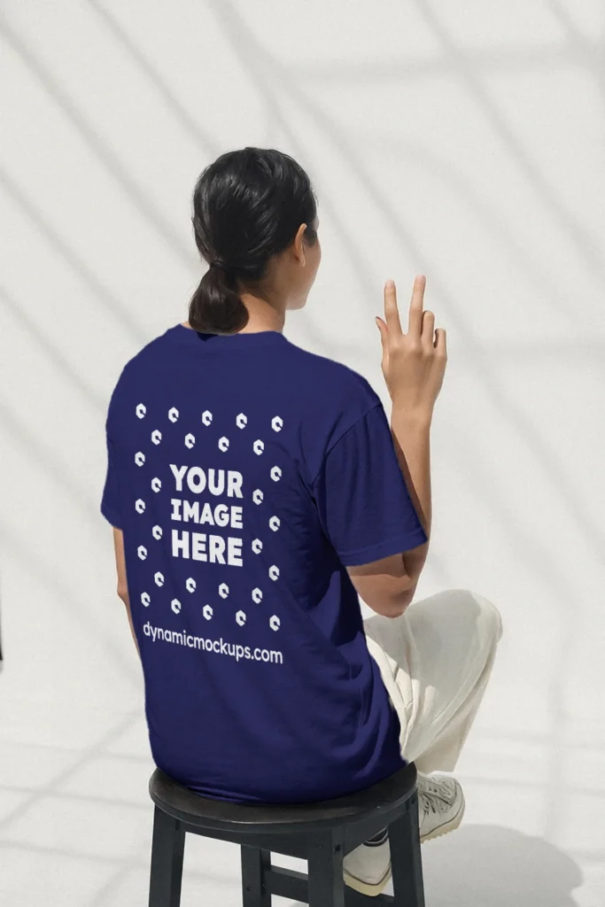 Woman Wearing Navy Blue T-shirt Mockup Back View Template