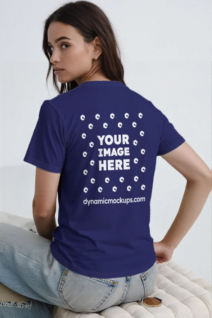 Woman Wearing Navy Blue T-shirt Mockup Back View Template