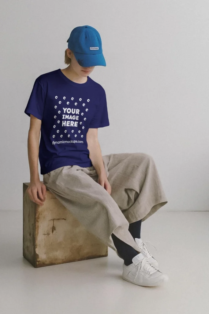 Woman Wearing Navy Blue T-shirt Mockup Front View Template