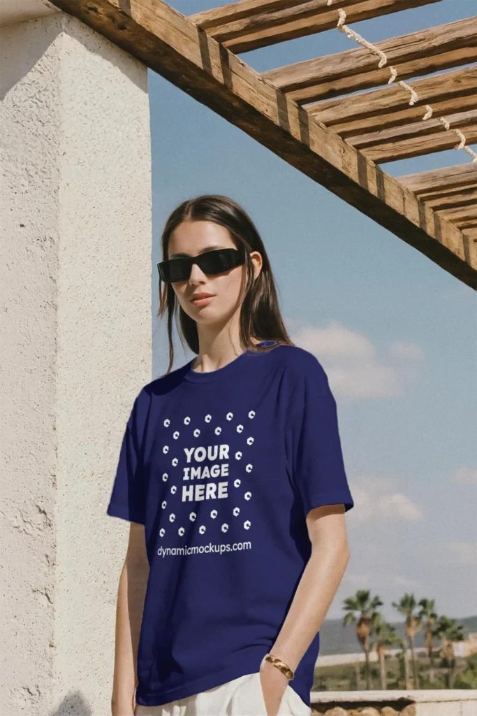 Woman Wearing Navy Blue T-shirt Mockup Front View Template