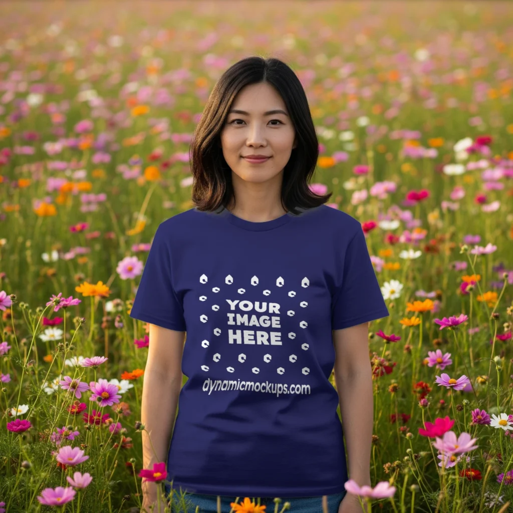 Woman Wearing Navy Blue T-shirt Mockup Front View Template